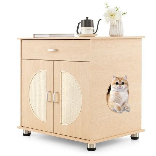 Cat Litter Box Enclosure with Sisal Scratching Doors and Storage-Natural - ApexKin
