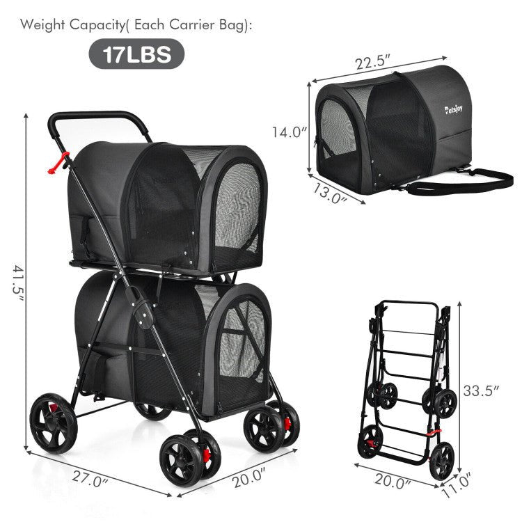 4-in-1 Double Pet Stroller with Detachable Carrier and Travel Carriage - ApexKin