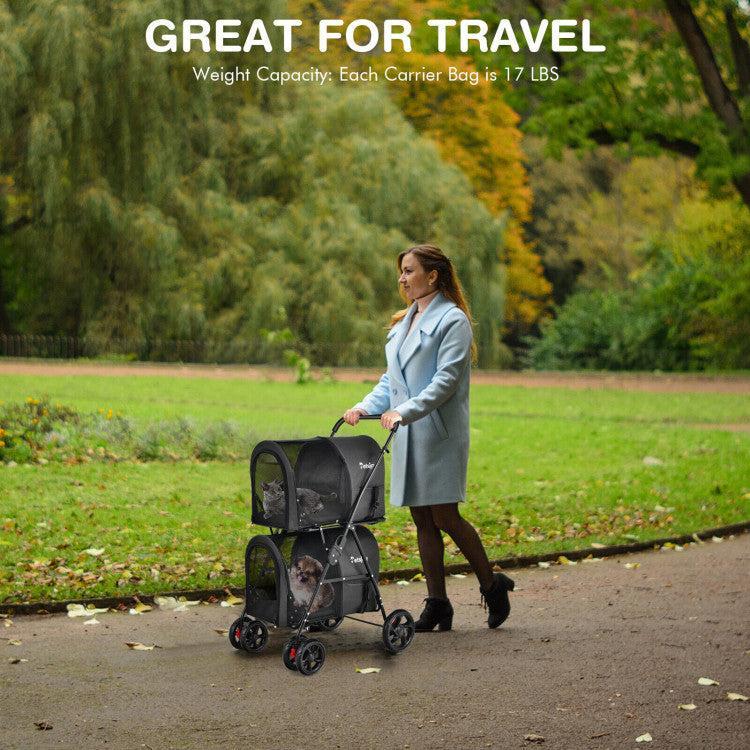 4-in-1 Double Pet Stroller with Detachable Carrier and Travel Carriage - ApexKin