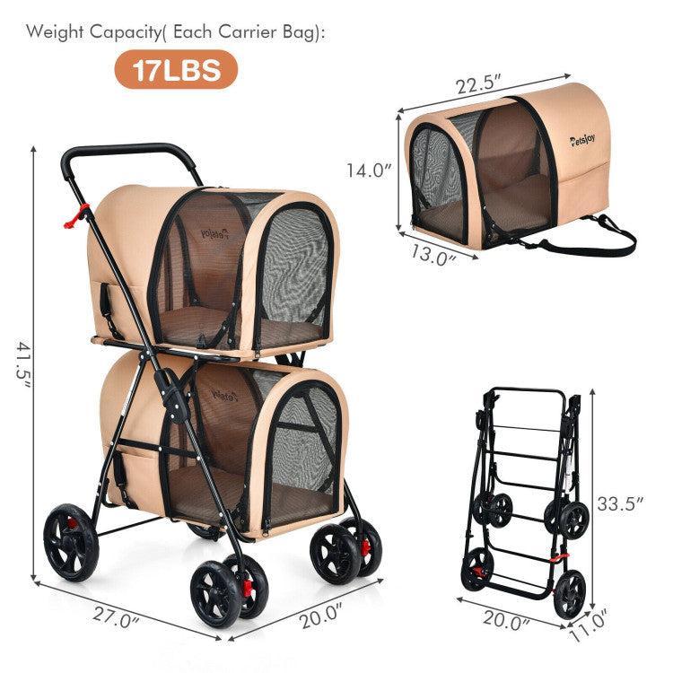 4-in-1 Double Pet Stroller with Detachable Carrier and Travel Carriage - ApexKin