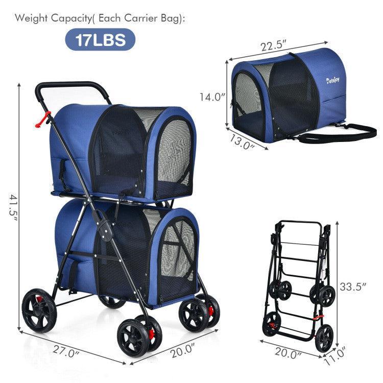4-in-1 Double Pet Stroller with Detachable Carrier and Travel Carriage - ApexKin