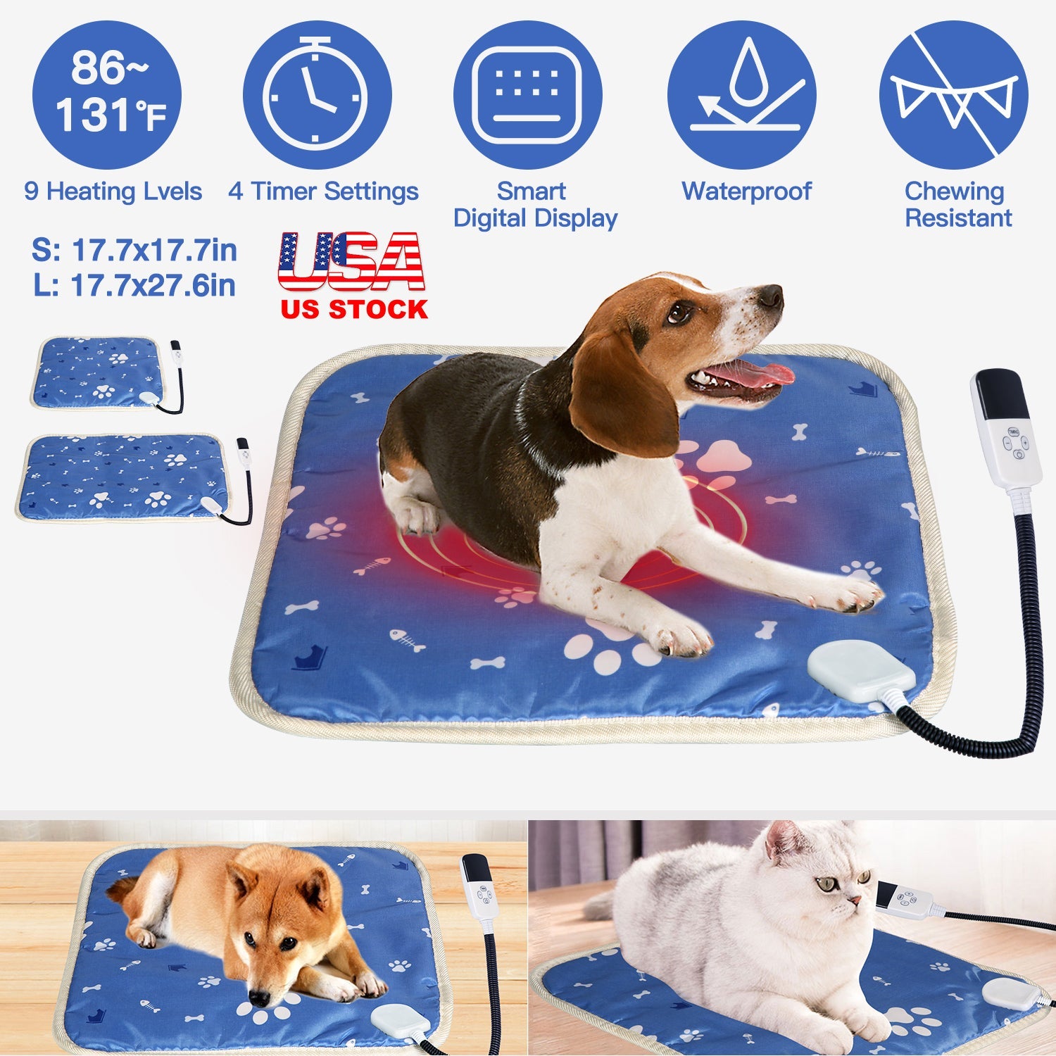 Pet Heating Pad Electric Dog Cat Heating Mat Waterproof Warming Blanket with 9 Heating Levels 4 Timer Setting Constan On Function Chewing-resistant S/ - ApexKin