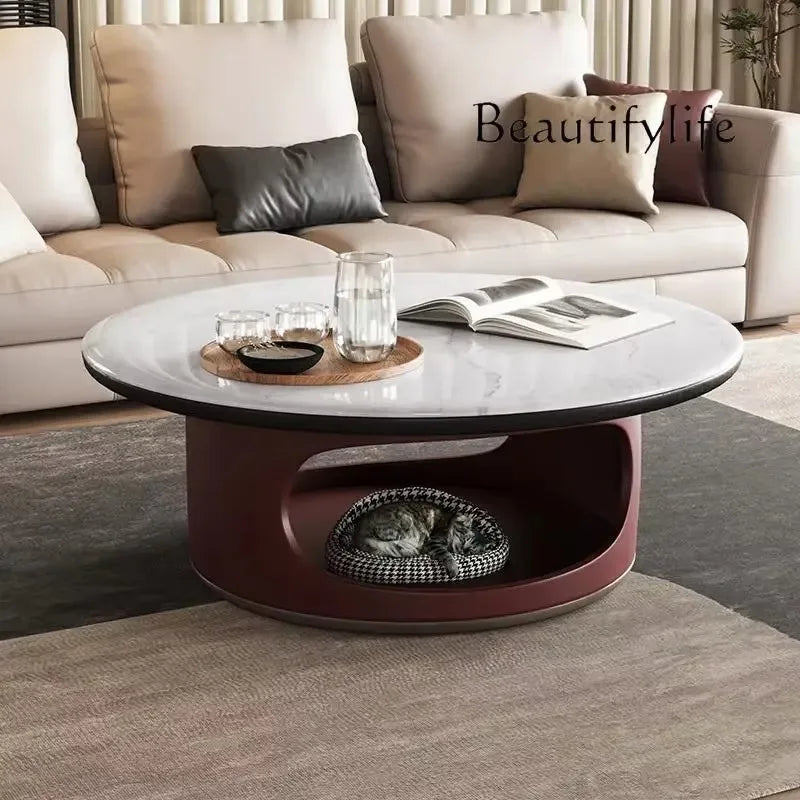 NNMicrocrystalline Stone Round Modern Simple Living Room Household Small Apartment Italian Light Luxury Pet Cat Nest Tea Table