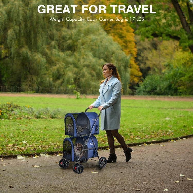 4-in-1 Double Pet Stroller with Detachable Carrier and Travel Carriage - ApexKin