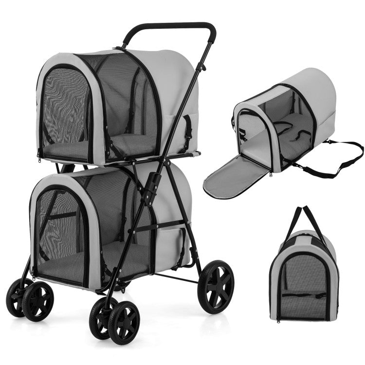 4-in-1 Double Pet Stroller with Detachable Carrier and Travel Carriage - ApexKin
