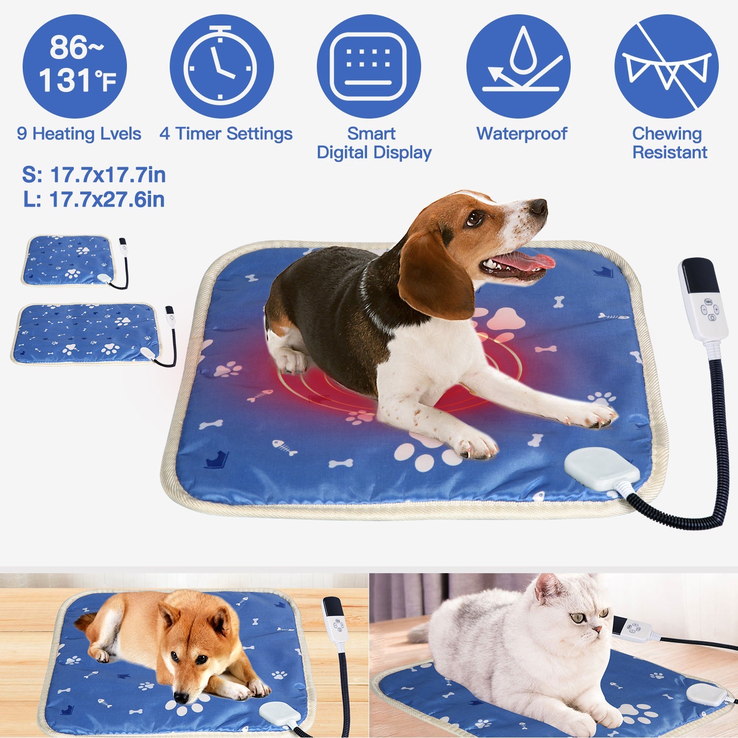 Pet Heating Pad Electric Dog Cat Heating Mat Waterproof Warming Blanket with 9 Heating Levels 4 Timer Setting Constan On Function Chewing-resistant S/ - ApexKin