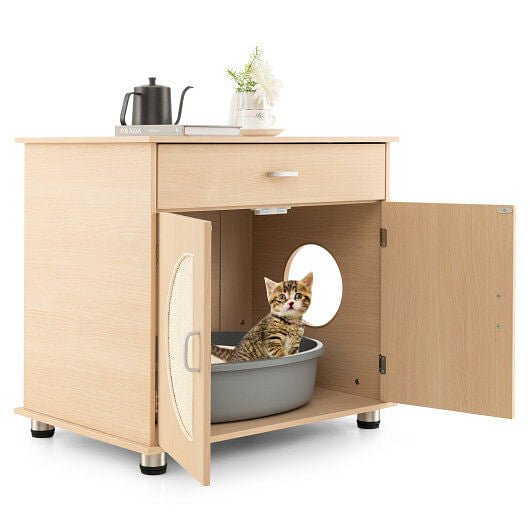 Cat Litter Box Enclosure with Sisal Scratching Doors and Storage-Natural - ApexKin