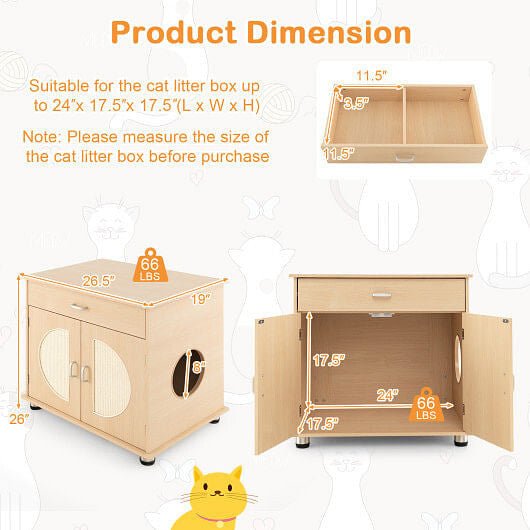 Cat Litter Box Enclosure with Sisal Scratching Doors and Storage-Natural - ApexKin
